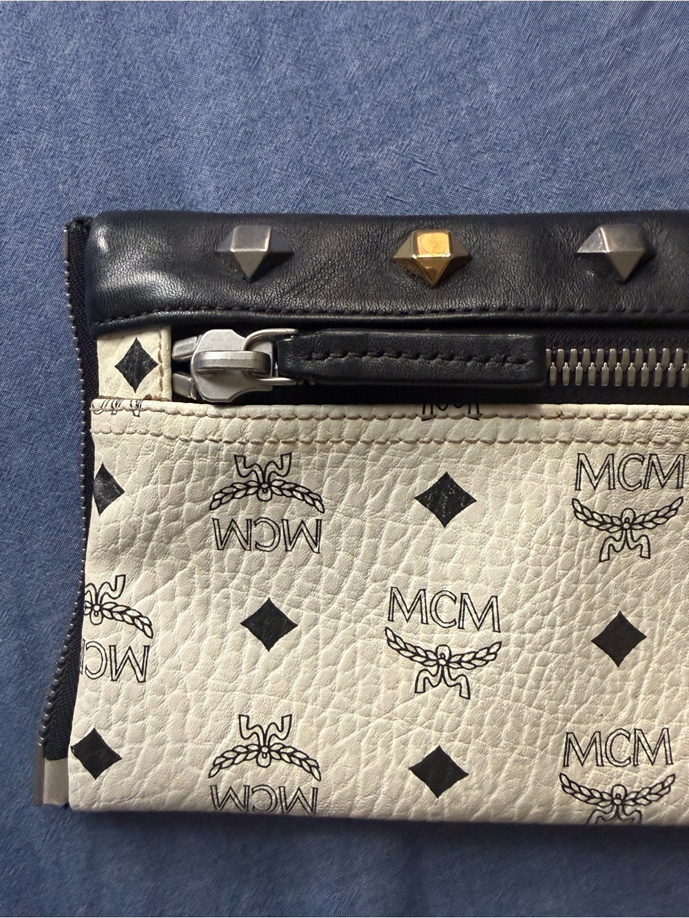 MCM Black and White Logo Studded Leather Wristlet Clutch